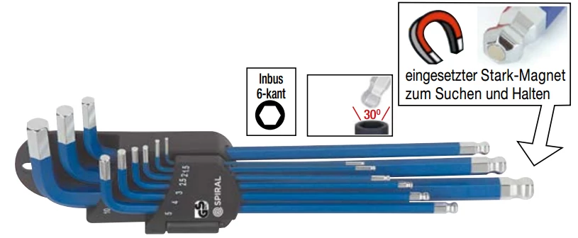 Metrikus mágneses hatszögkulcs klt. gömbvégű fejjel, extra hosszú, 1,5-10mm, 9db